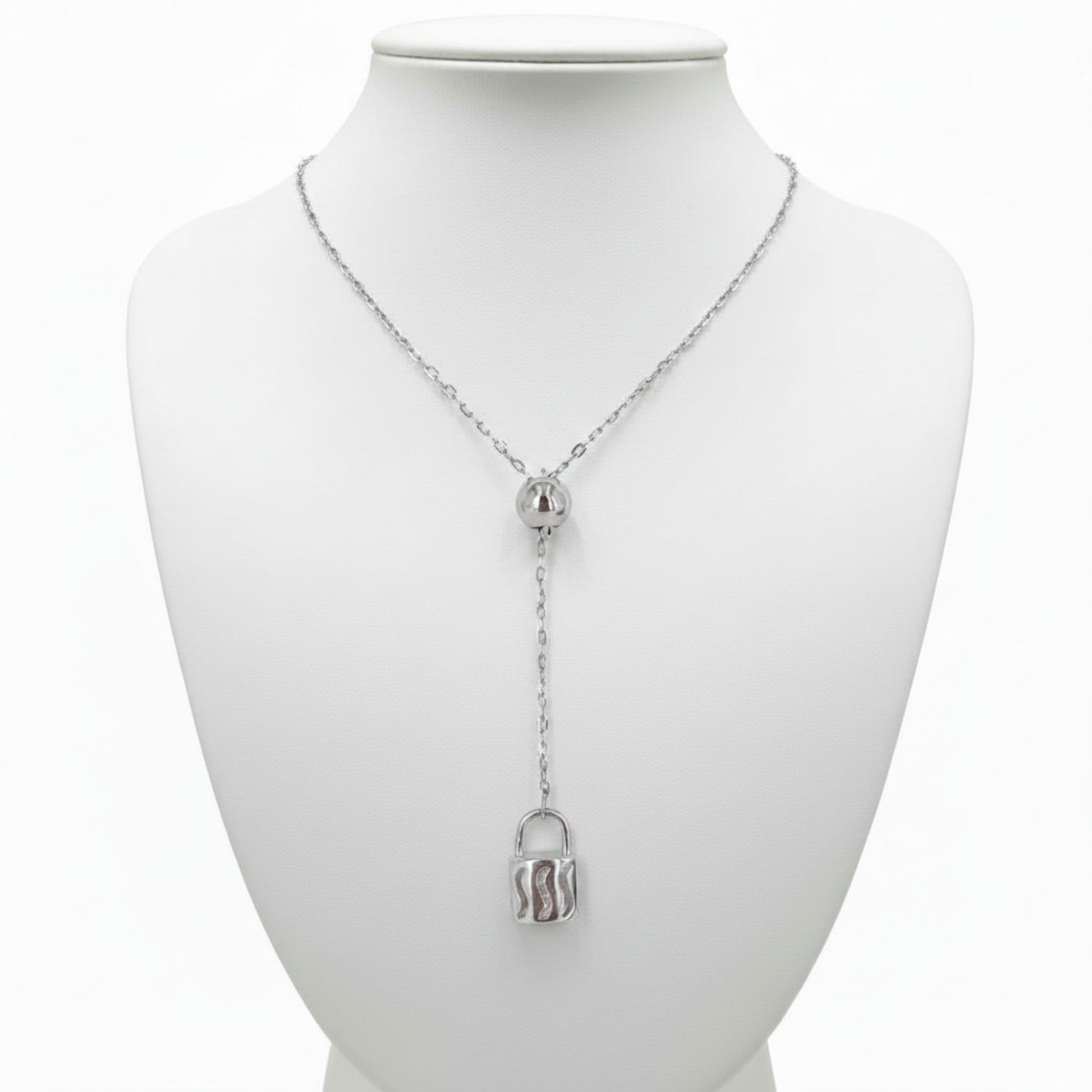 Collar Gargantilla Tipo Y Plata Rodio con Colgante Candado Texturizado. Joyeria Osnor