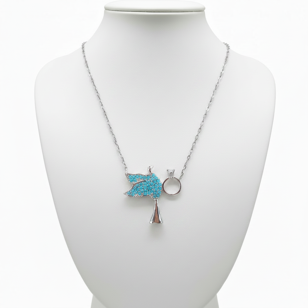 Collar Gargantilla Plata 925 Paloma con Turquesas y Solitario · Símbolo de Libertad-Joyeria Osnor