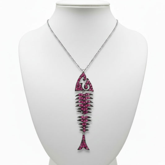 Collar Gargantilla Plata 925 Pez Articulado con Circonitas Fucsia. Joyeria Osnor