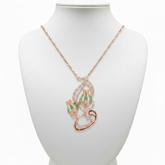 Collar Gargantilla Tulipán Plata 925 Acabado Rosa con Esmalte y Circonitas. Joyeria Osnor