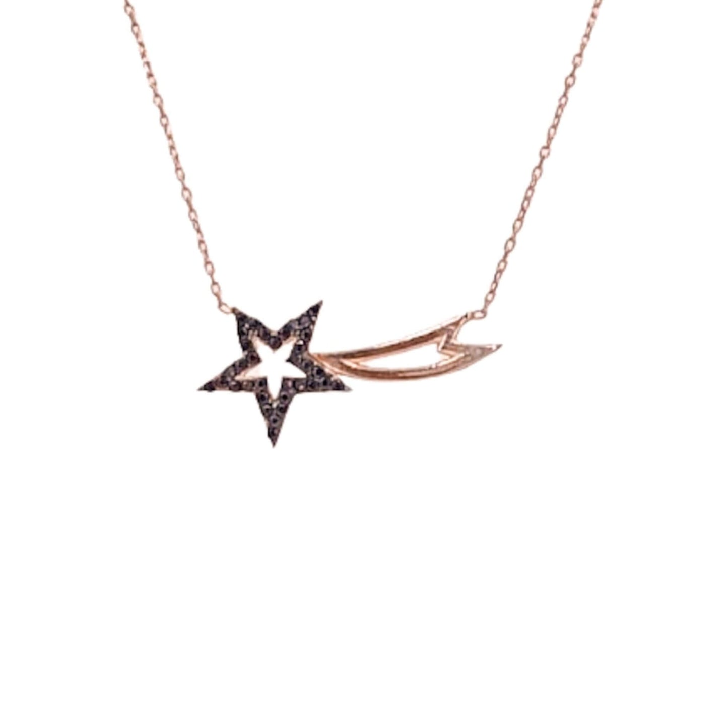 Collar Estrella Fugaz Plata 925 Acabado Rosa con Circonitas Negras. Joyeria Osnor