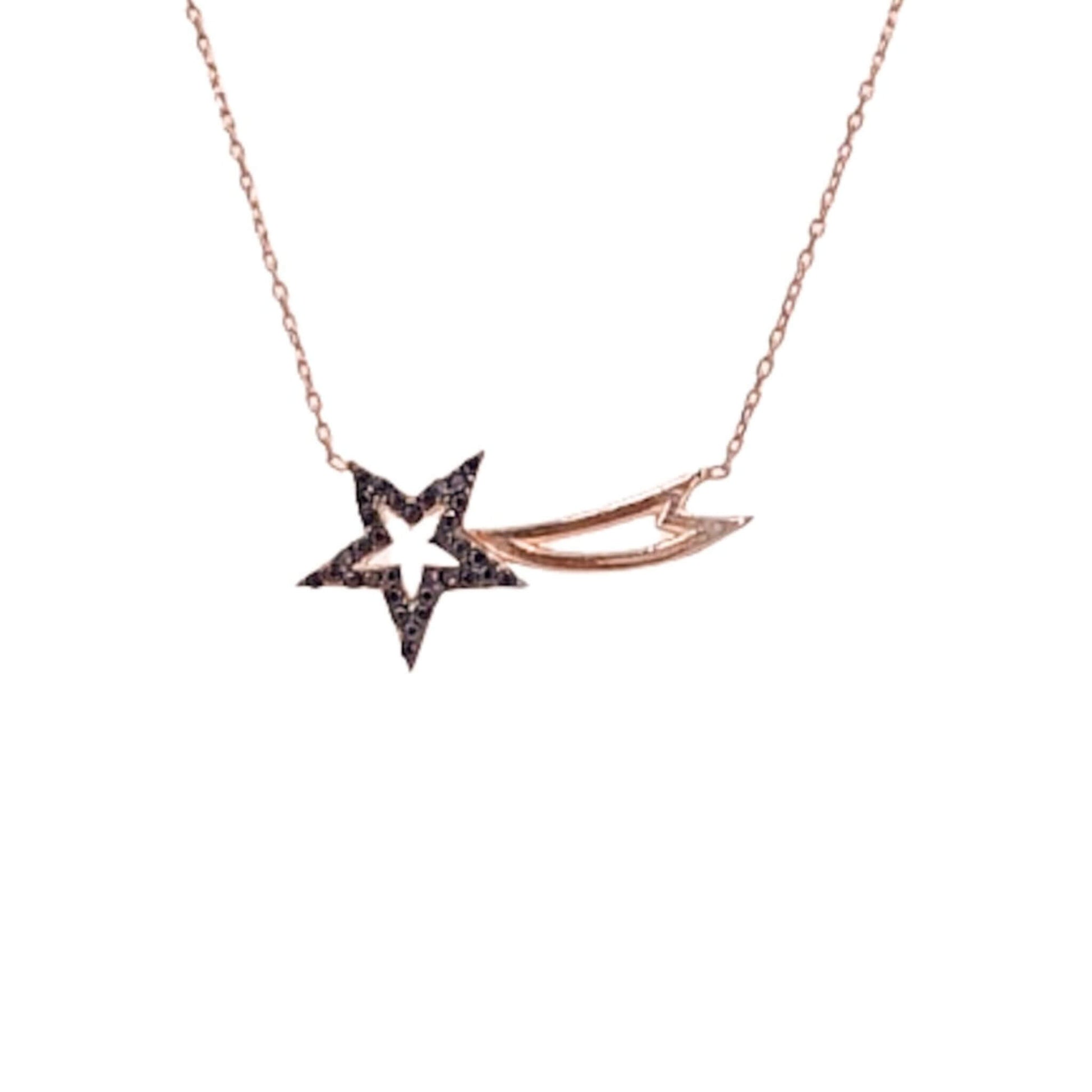 Collar Estrella Fugaz Plata 925 Acabado Rosa con Circonitas Negras. Joyeria Osnor