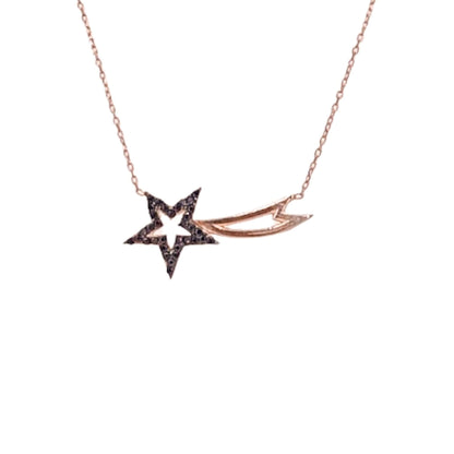 Collar Estrella Fugaz Plata 925 Acabado Rosa con Circonitas Negras. Joyeria Osnor
