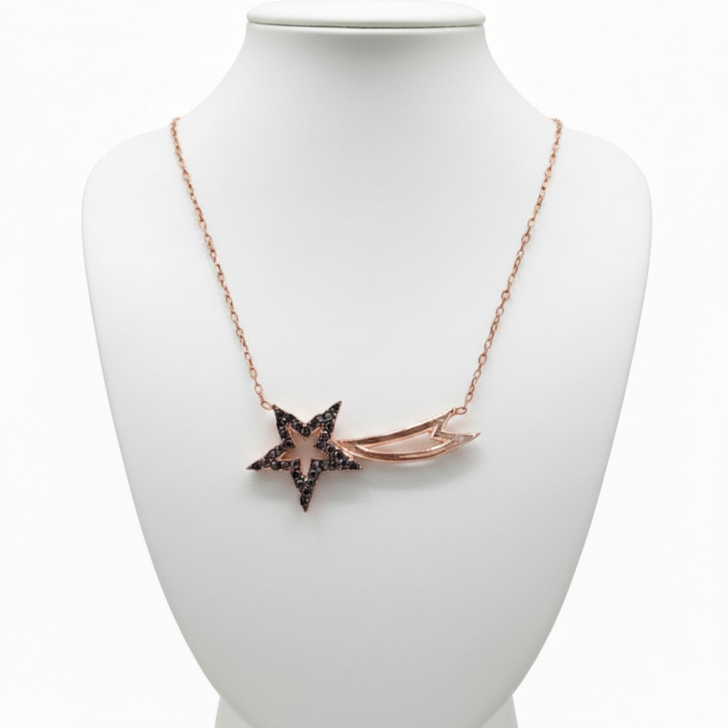 Collar Gargantilla Estrella Fugaz Plata 925 Acabado Rosa con Circonitas Negras. Joyeria Osnor