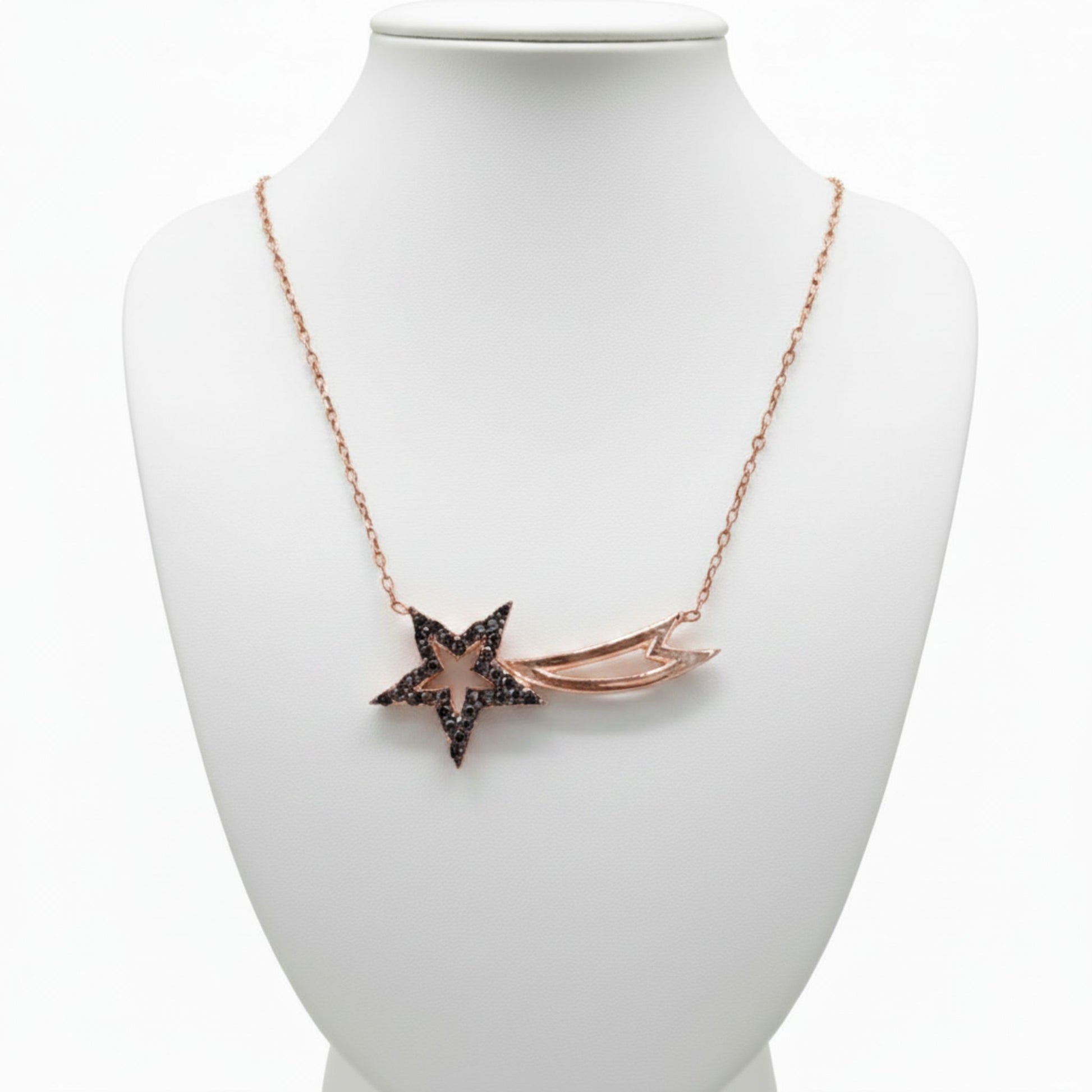 Collar Gargantilla Estrella Fugaz Plata 925 Acabado Rosa con Circonitas Negras. Joyeria Osnor