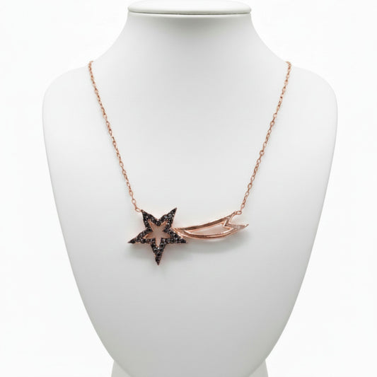 Collar Gargantilla Estrella Fugaz Plata 925 Acabado Rosa con Circonitas Negras. Joyeria Osnor