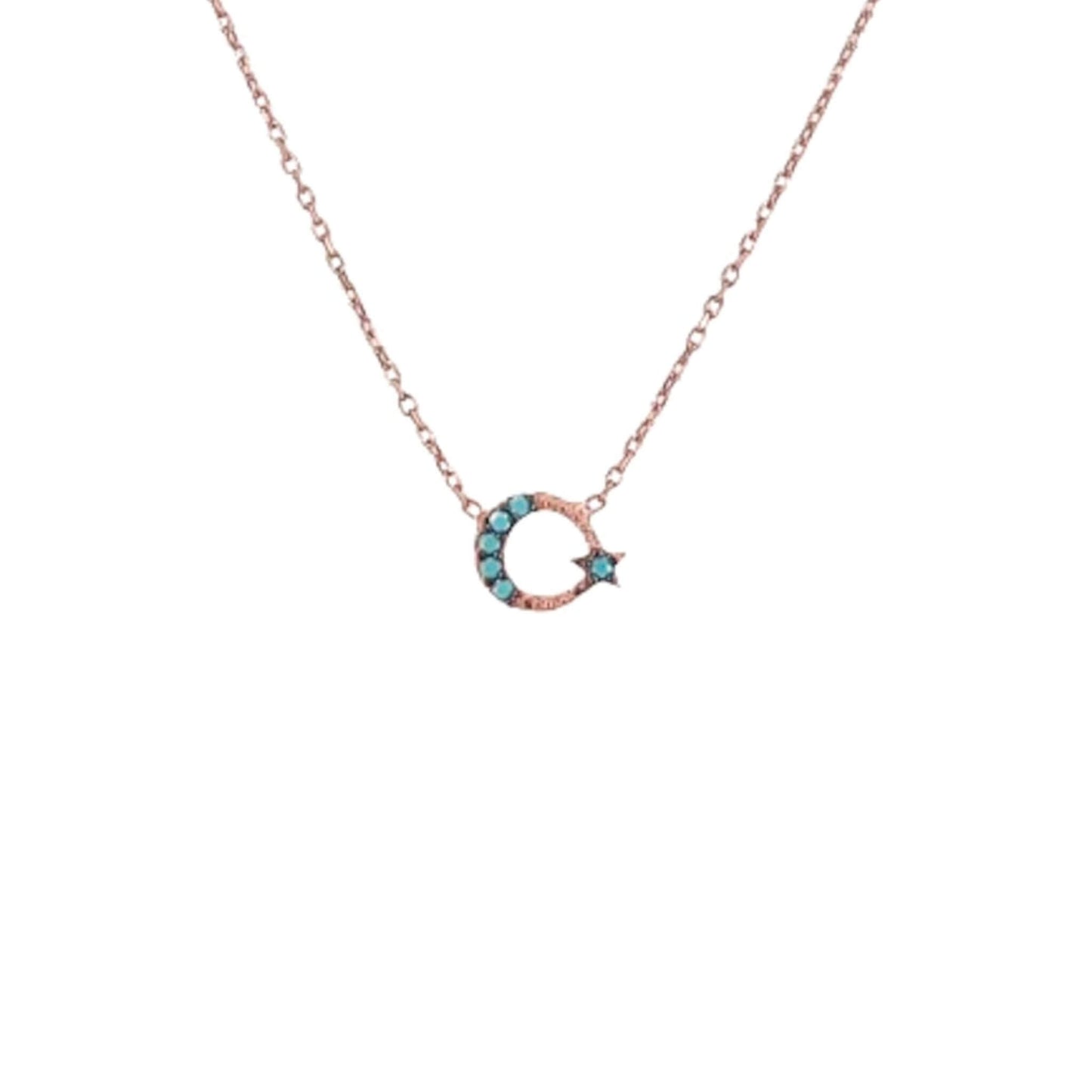 Collar Gargantilla Luna y Estrella · Plata 925 Baño Oro Rosa con Turquesas. Joyeria Osnor