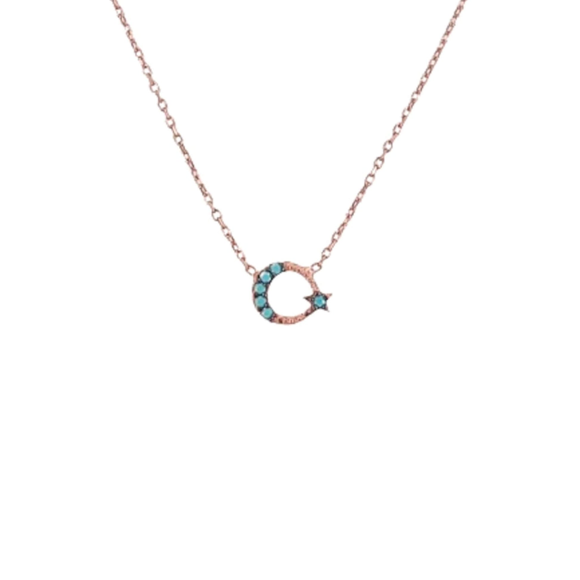 Collar Gargantilla Luna y Estrella · Plata 925 Baño Oro Rosa con Turquesas. Joyeria Osnor