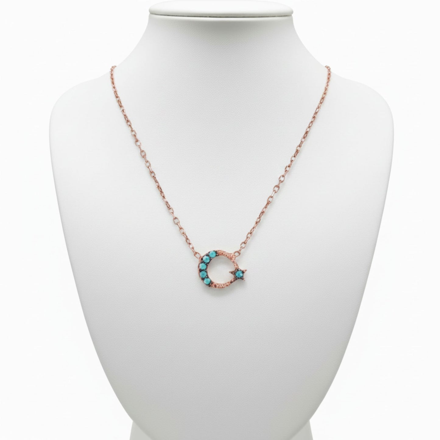 Collar Gargantilla Luna y Estrella · Plata 925 Baño Oro Rosa con Turquesas.Joyeria Osnor