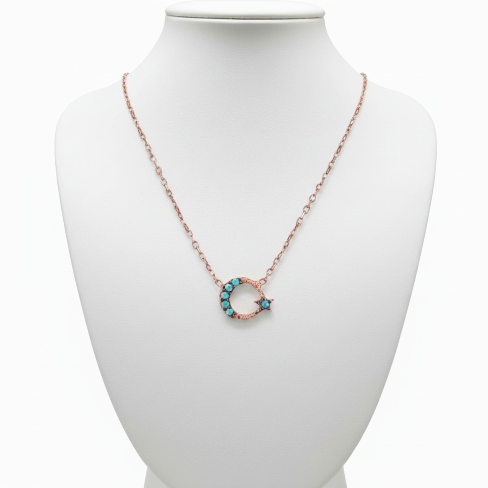 Collar Gargantilla Luna y Estrella · Plata 925 Baño Oro Rosa con Turquesas.Joyeria Osnor