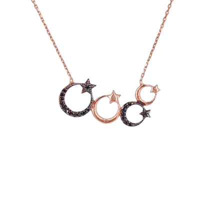 Collar Gargantilla Triple Luna y Estrella Plata con Acabado Oro Rosa y Circonitas Negras. Joyeria Osnor