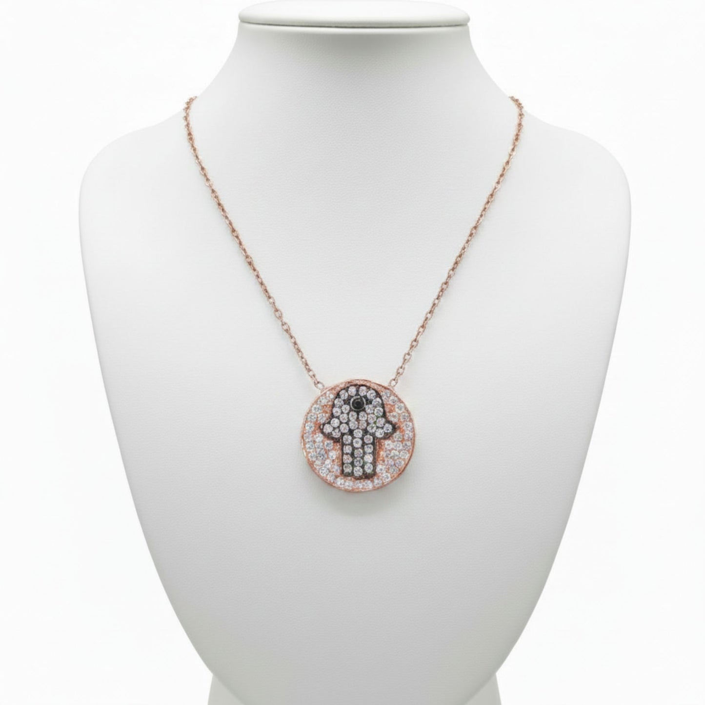 Collar Gargantilla Plata 925 Mano de Fátima Hamsa · Baño Oro Rosa y Circonitas Joyeria Osnor