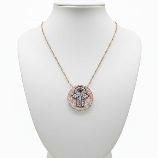 Collar Gargantilla Plata 925 Mano de Fátima Hamsa · Baño Oro Rosa y Circonitas Joyeria Osnor
