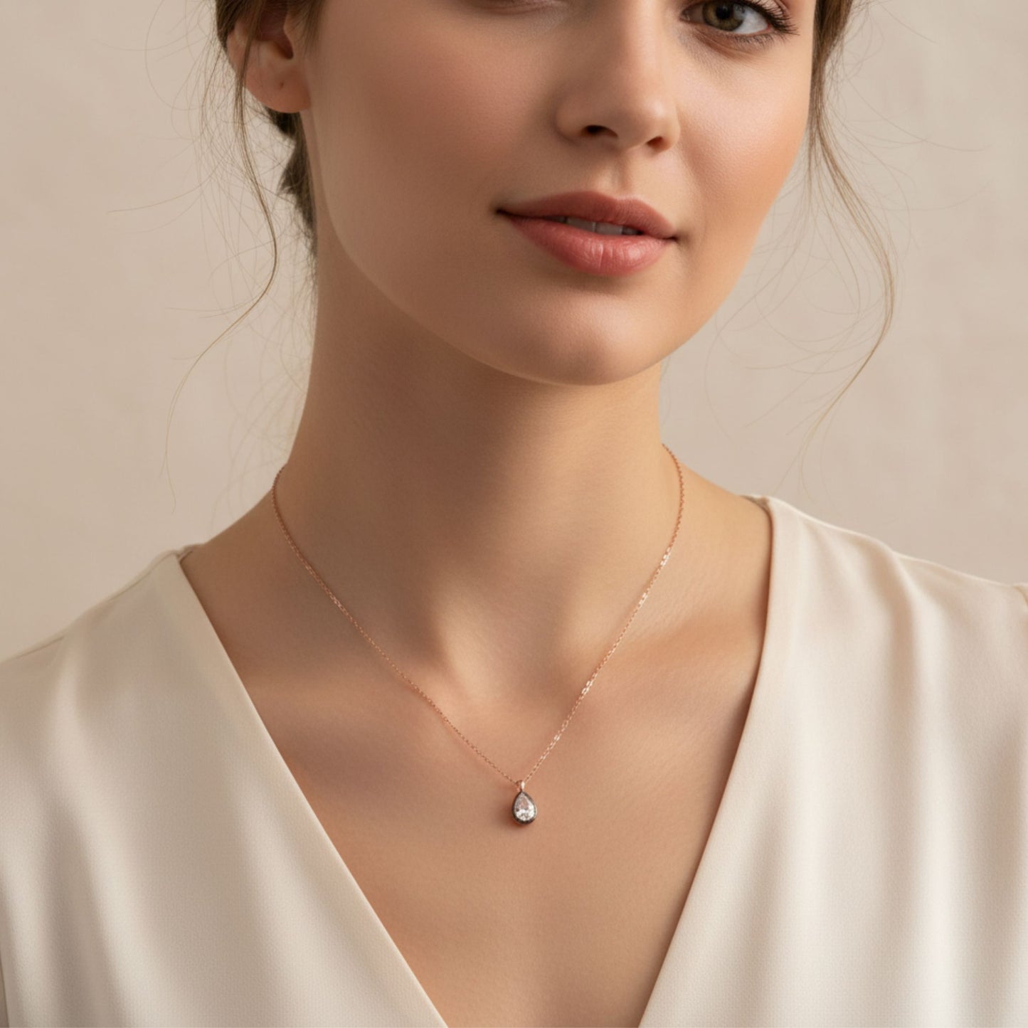 Mujer Luciendo Collar Gargantilla Gota Plata Rosa con Circonita Blanca.Joyeria Osnor