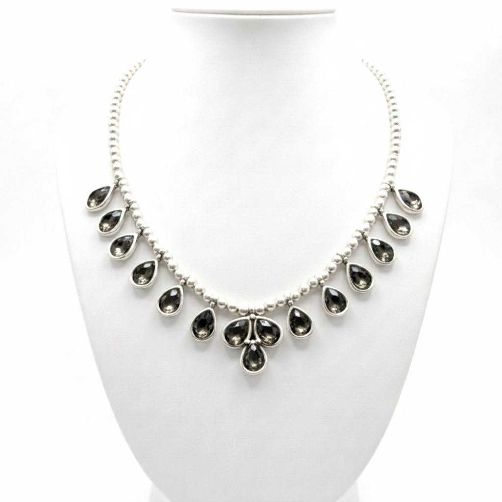 Collar Gargantilla Cadena Bolas con Circonitas Gota Grisáceas — Zamak Hipoalergénico Joyeria Osnor