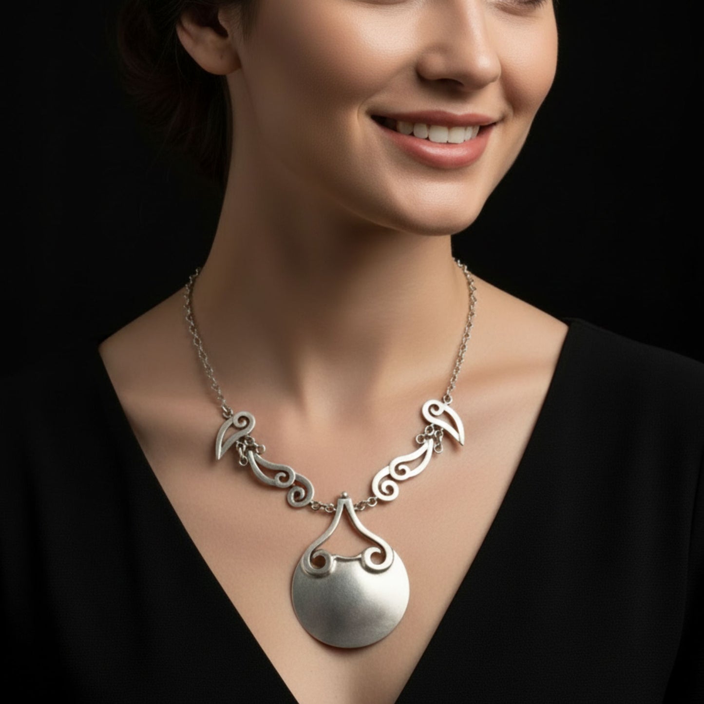Mujer luciendo collar zamak plateado joyeria osnor zamak