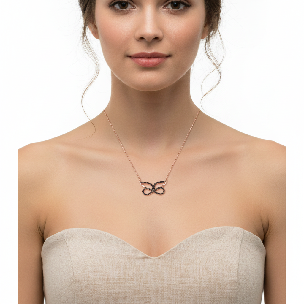 Collar Gargantilla Infinito con Alas de Ángel Plata con Acabado Oro Rosa y Circonitas Negras Joyeria Osnor