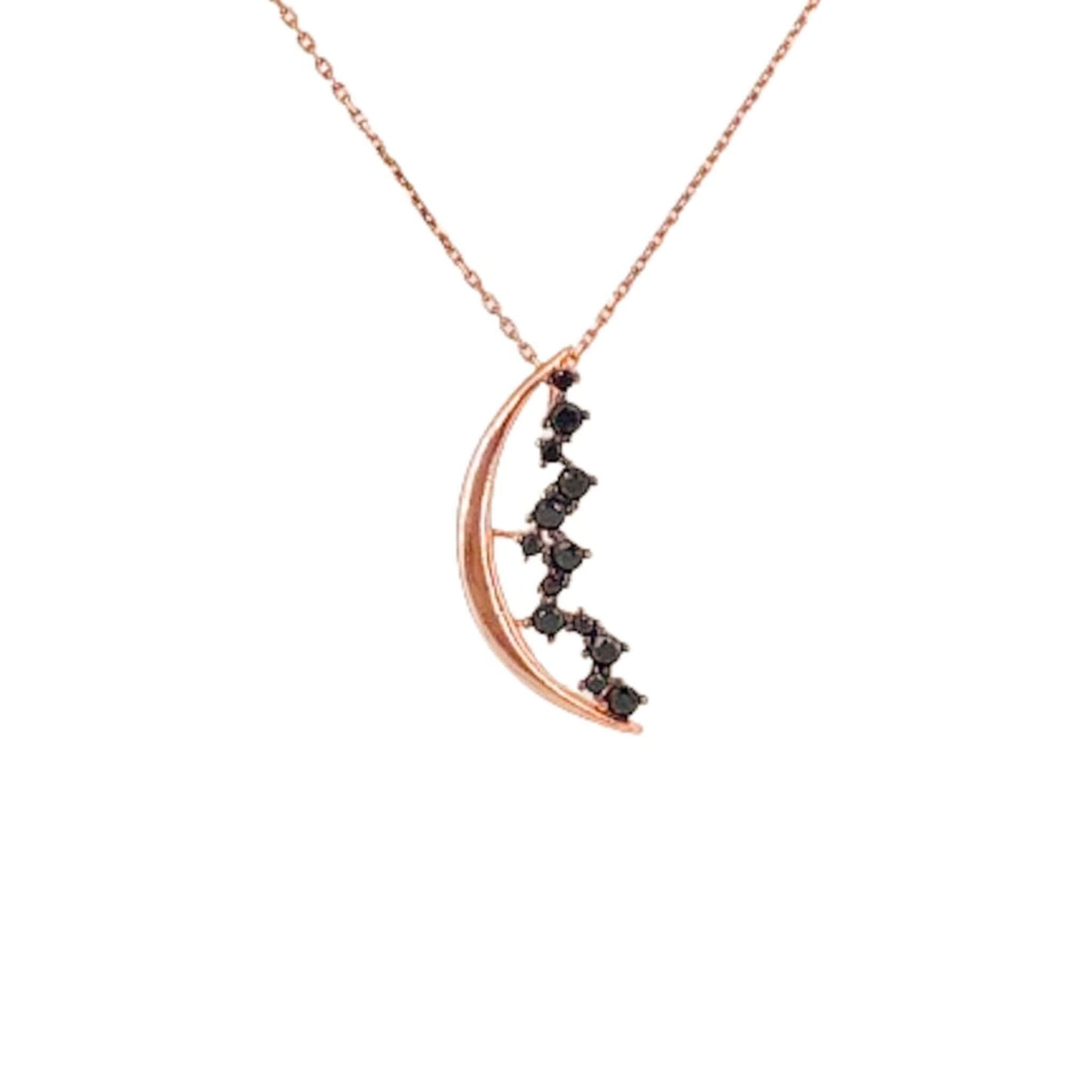 Collar Gargantilla  Media Luna Plata con Acabado Oro Rosa y Circonitas Negras. Joyeria Osnor