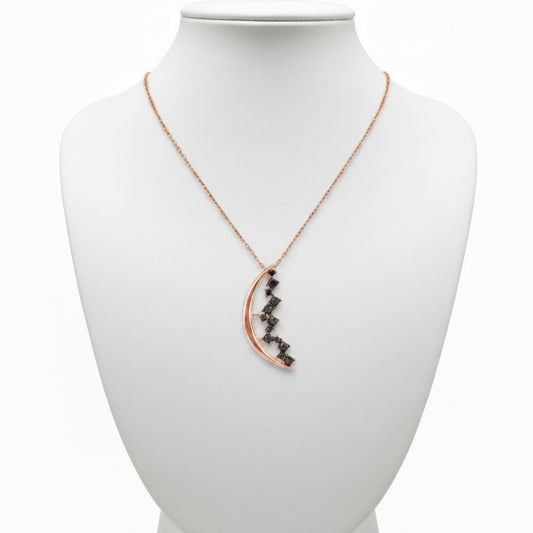 Collar Media Luna Plata con Acabado Oro Rosa y Circonitas Negras. Joyeria Osnor