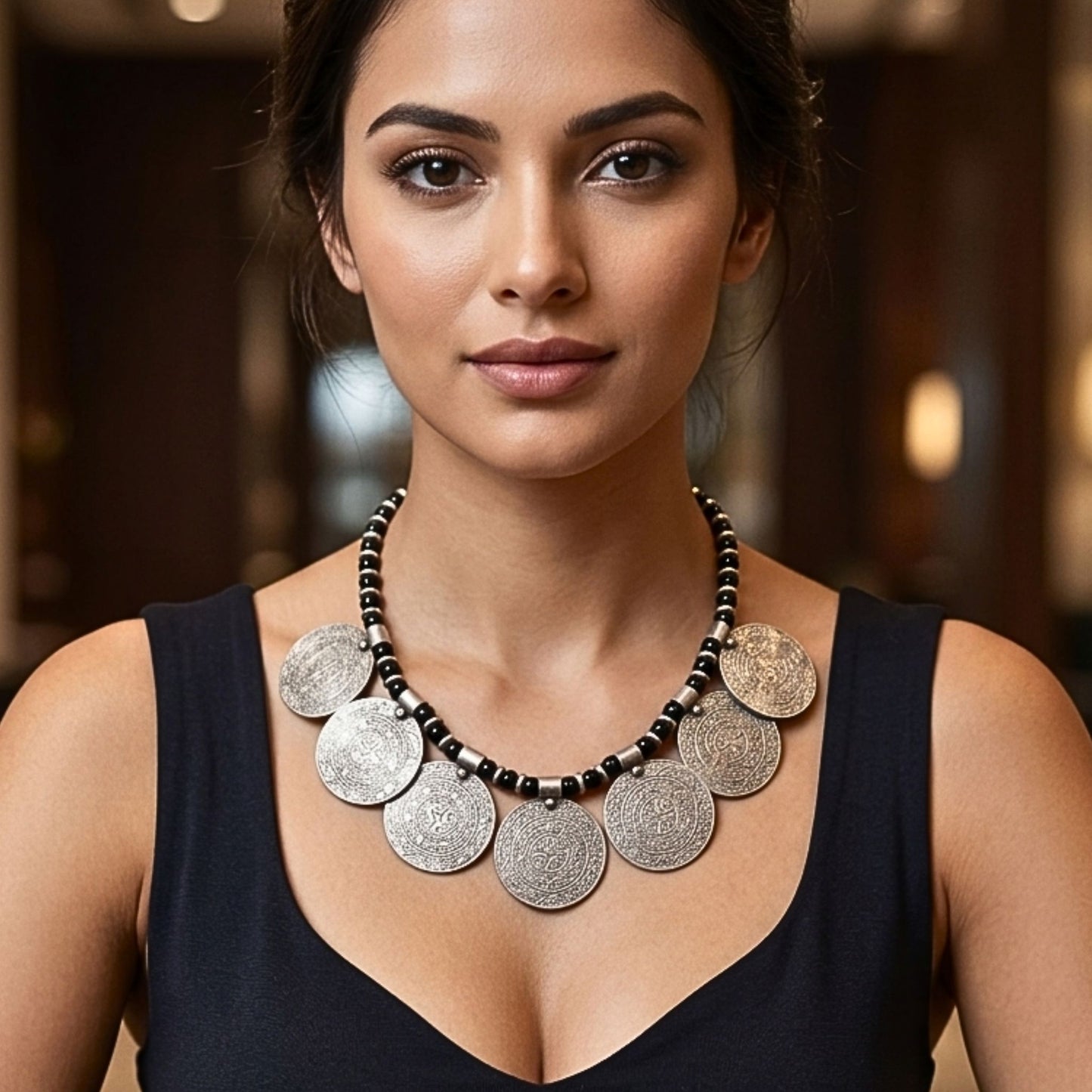 Modelo luciendo collar étnico de zamak plateado hipoalergénico con siete medallones circulares grabados. Joyeria Osnor Zamak