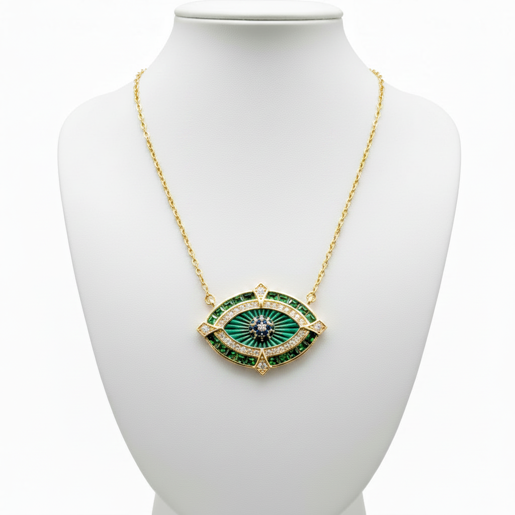 Collar ojo verde en expositor blanco