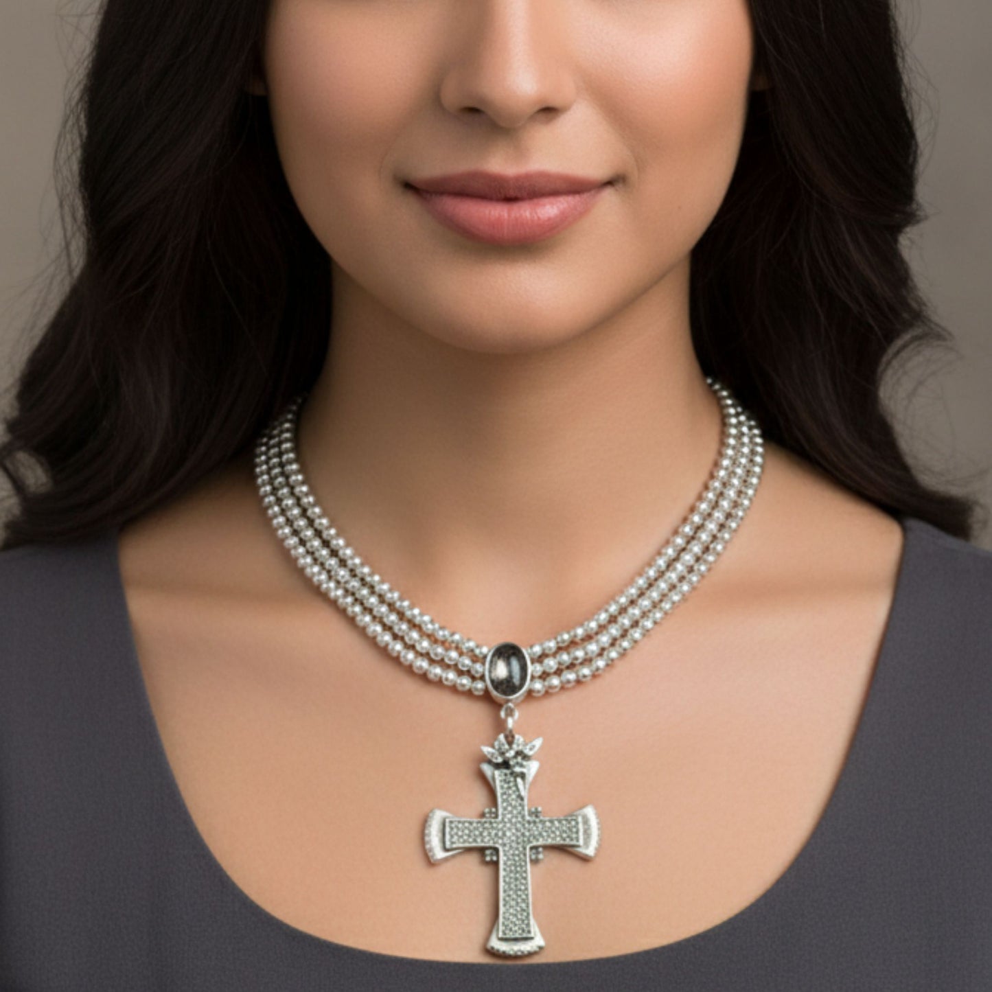 Collar Gargantilla Cruz Labrada con Circonita Gris Ahumado | Zamak Plateado