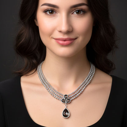 Collar Gargantilla Triple Bolas Plateadas con Colgante Circonita Gris Ahumado | Zamak Hipoalergénico