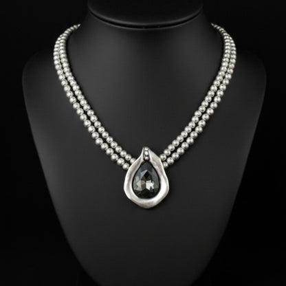 Collar Gargantilla Doble Cadena con Colgante Circonita Gris Ahumado | Zamak Plateado