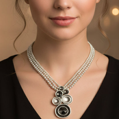 Collar Zamak Plateado Circonitas Gris Ahumado | Cadena Triple de Bolas