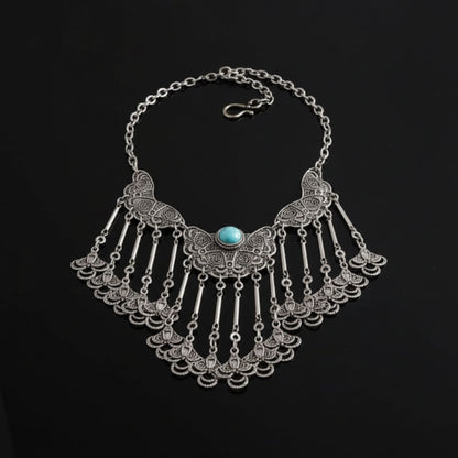 Collar bib zamak plateado con filigrana y turquesa estilo bohemio -Joyería Osnor Zamak