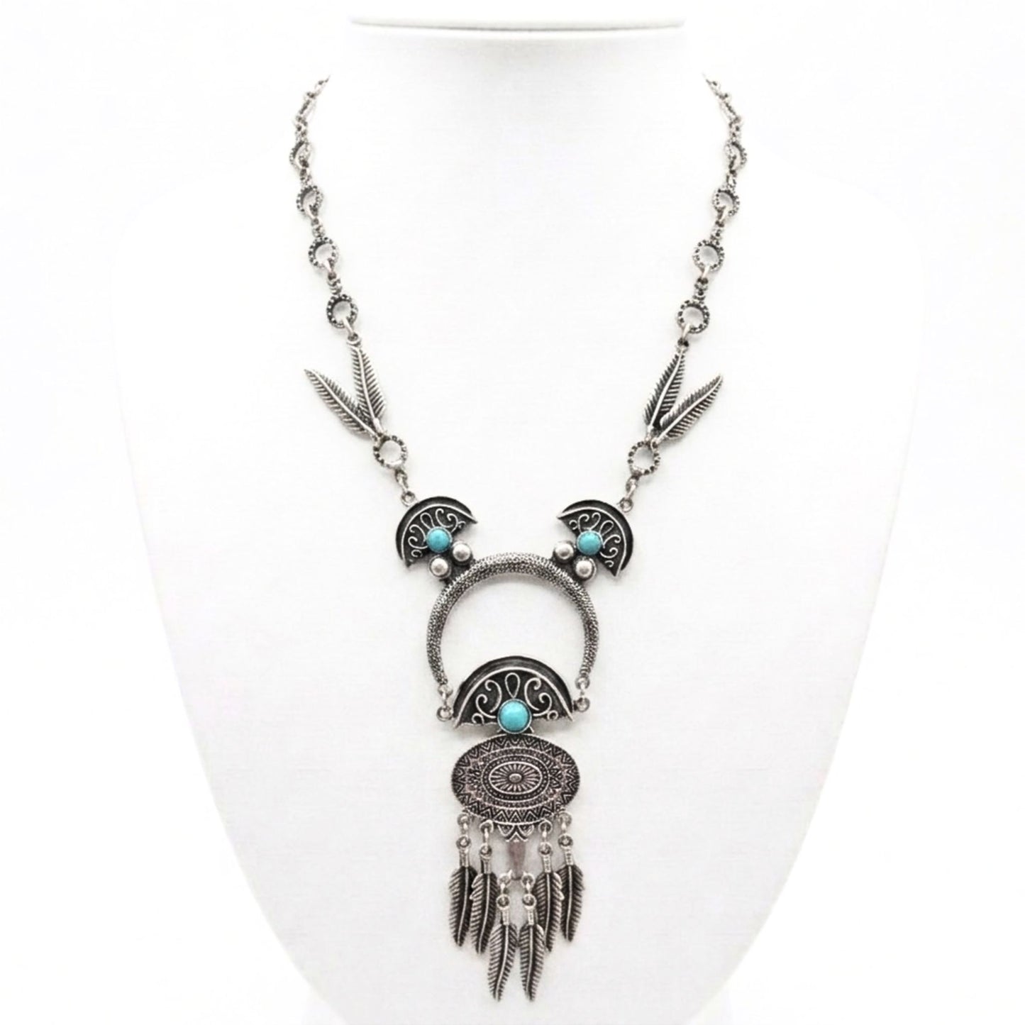 Collar cadena gargantilla zamak mujer volumen hipoalergénico plateado cierre gancho liso brillo turquesa Cadenas largo plumas diseño joyería osnor moda moderno elegante boda fiesta fashion glamour lujo 