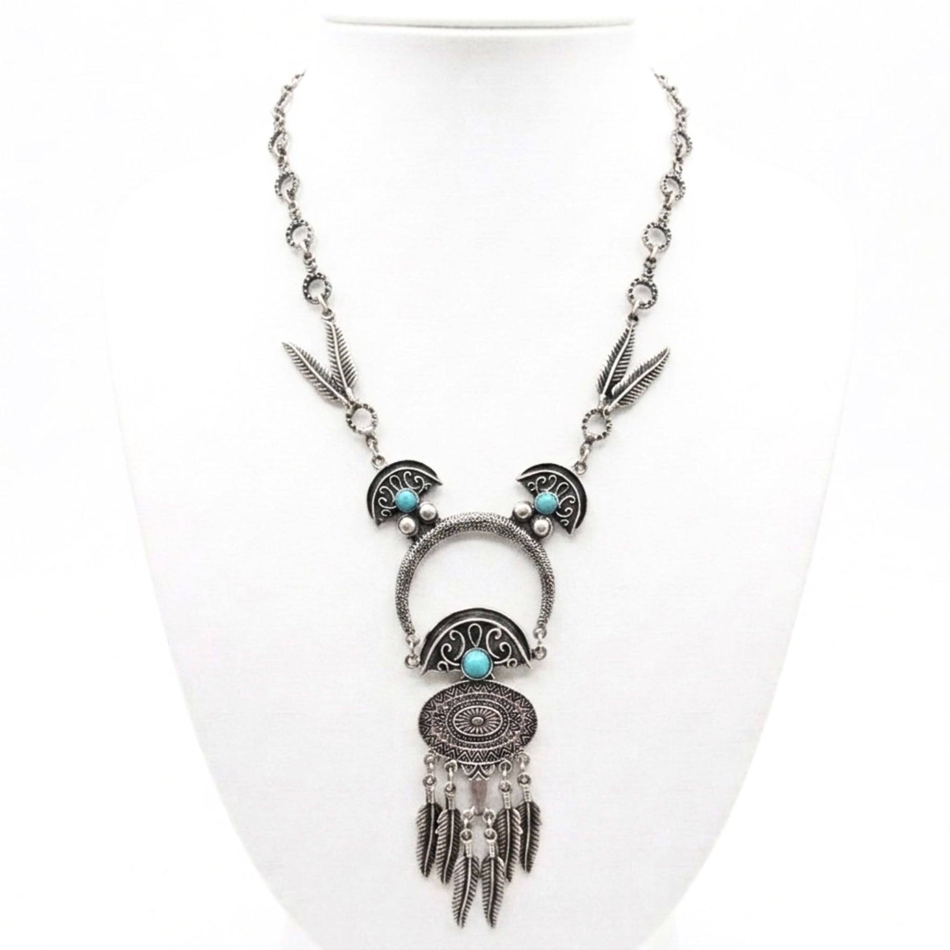 Collar cadena gargantilla zamak mujer volumen hipoalergénico plateado cierre gancho liso brillo turquesa Cadenas largo plumas diseño joyería osnor moda moderno elegante boda fiesta fashion glamour lujo 