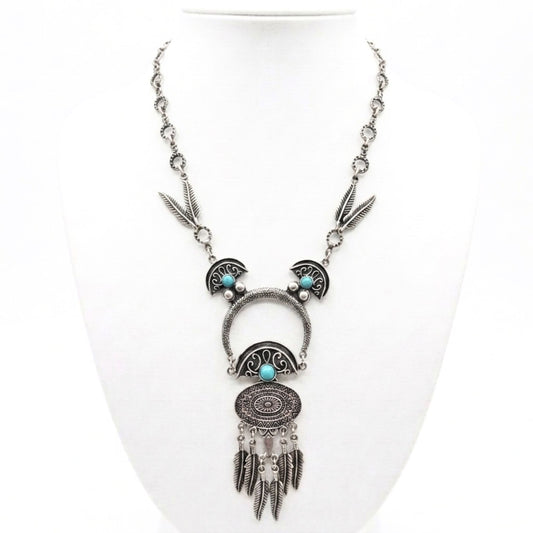 Collar cadena gargantilla zamak mujer volumen hipoalergénico plateado cierre gancho liso brillo turquesa Cadenas largo plumas diseño joyería osnor moda moderno elegante boda fiesta fashion glamour lujo 