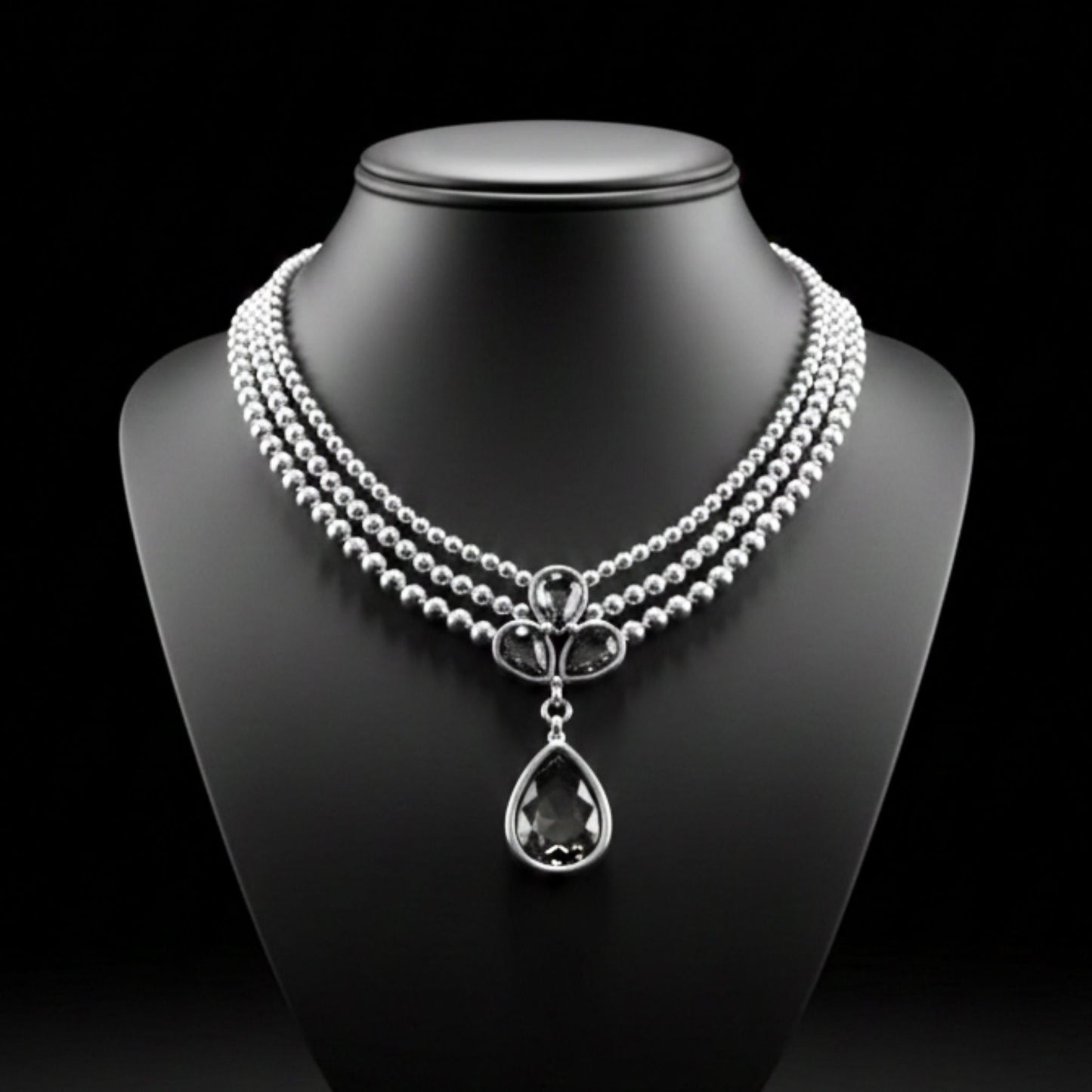 Collar Gargantilla Triple Bolas Plateadas con Colgante Circonita Gris Ahumado | Zamak Hipoalergénico