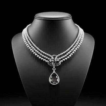 Collar Gargantilla Triple Bolas Plateadas con Colgante Circonita Gris Ahumado | Zamak Hipoalergénico