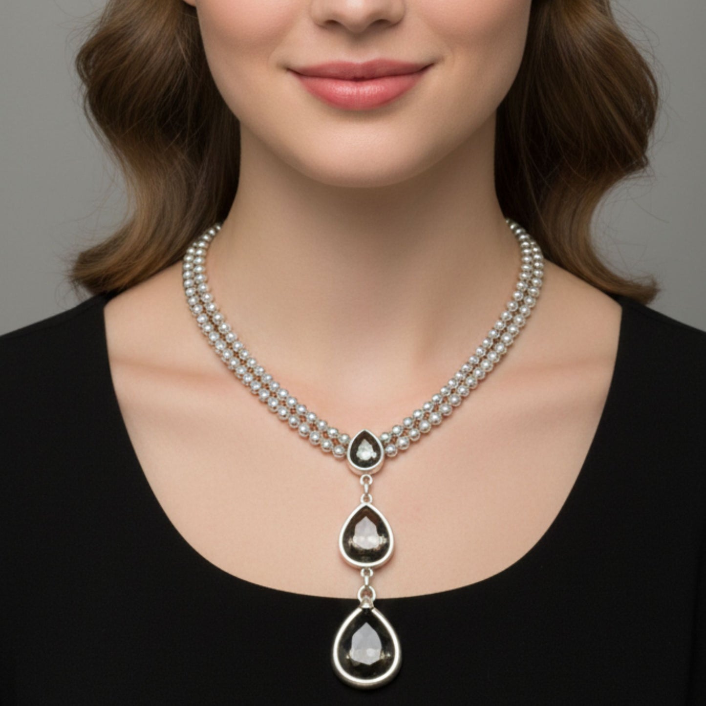 Collar Zamak Cadena Doble Bolas | Colgante Triple Gotas Circonitas Gris Ahumado