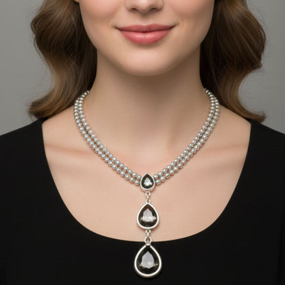 Collar Zamak Cadena Doble Bolas | Colgante Triple Gotas Circonitas Gris Ahumado