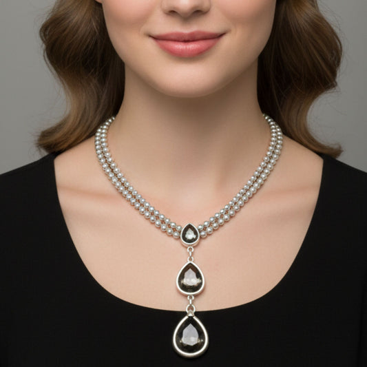 Collar Zamak Cadena Doble Bolas | Colgante Triple Gotas Circonitas Gris Ahumado