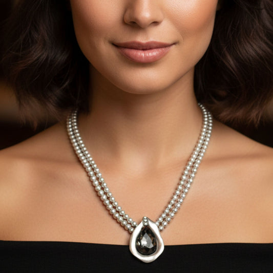 Collar Gargantilla Doble Cadena con Colgante Circonita Gris Ahumado | Zamak Plateado
