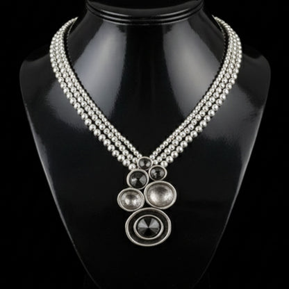 Collar Zamak Plateado Circonitas Gris Ahumado | Cadena Triple de Bolas