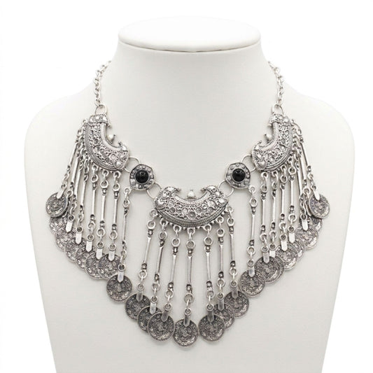 collar piedras negras y monedas zamak mujer exclusivo joyeria osnor zamak