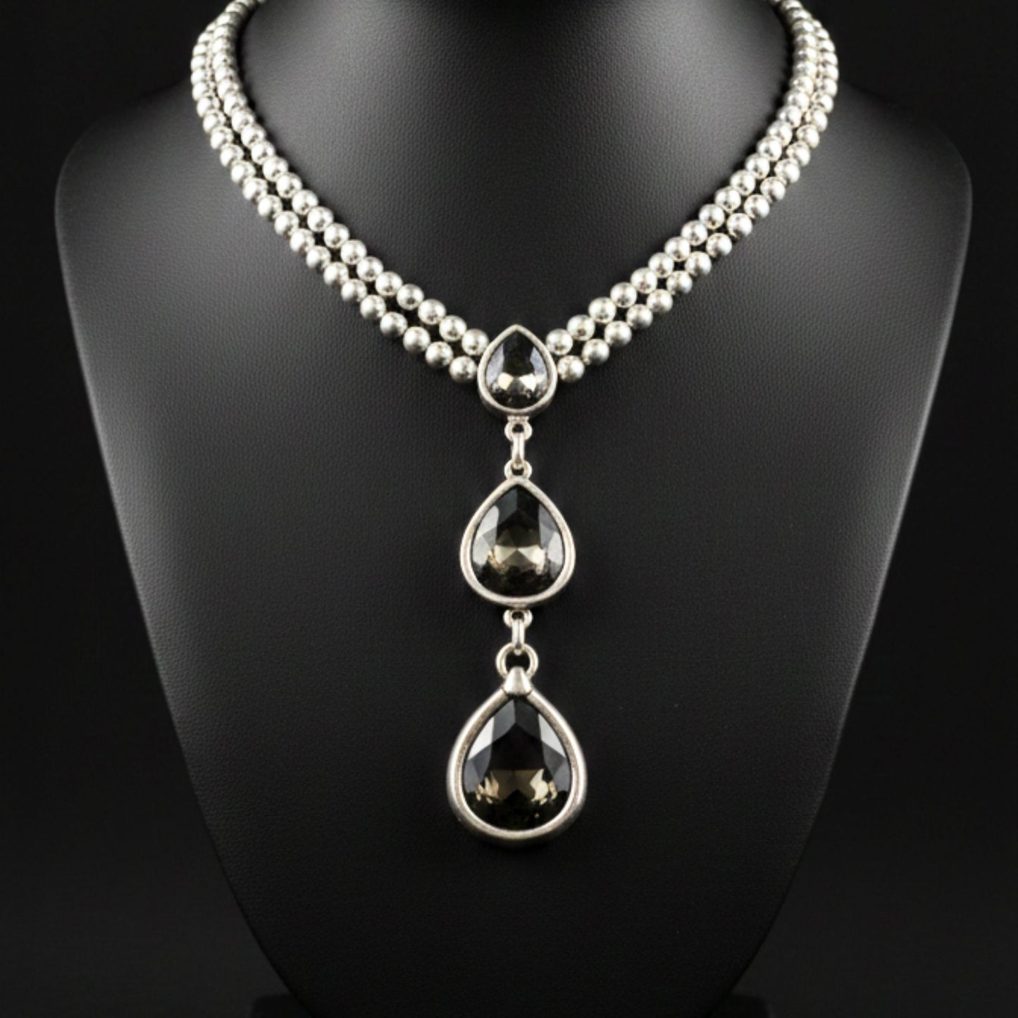 Collar Zamak Cadena Doble Bolas | Colgante Triple Gotas Circonitas Gris Ahumado