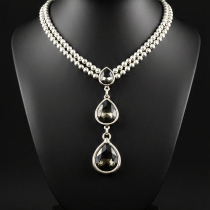 Collar Zamak Cadena Doble Bolas | Colgante Triple Gotas Circonitas Gris Ahumado