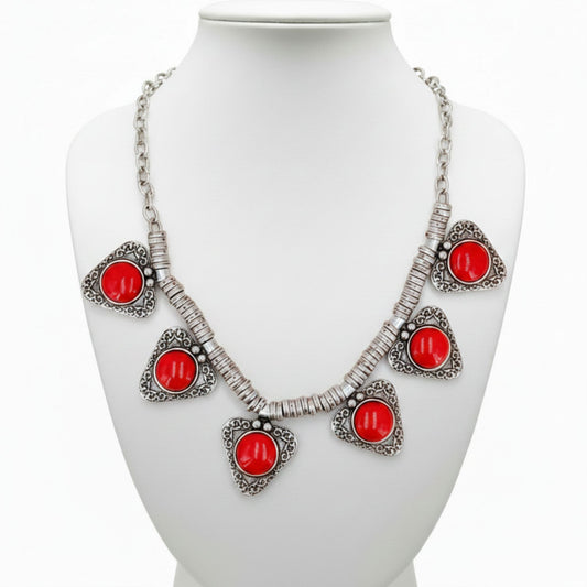 Collar Zamak mujer Coral Rojo 6 Colgantes Triangulares con Filigrana Plateada joyeria osnor
