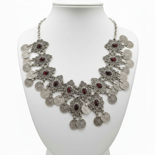 collar de zamak mujer mondas y piedras rojas exclusivo volumen joyeria osnor