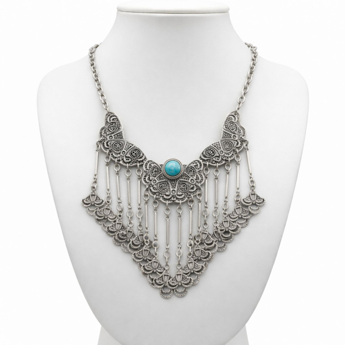 Collar bib zamak plateado con filigrana y turquesa- Joyería Osnor Zamak