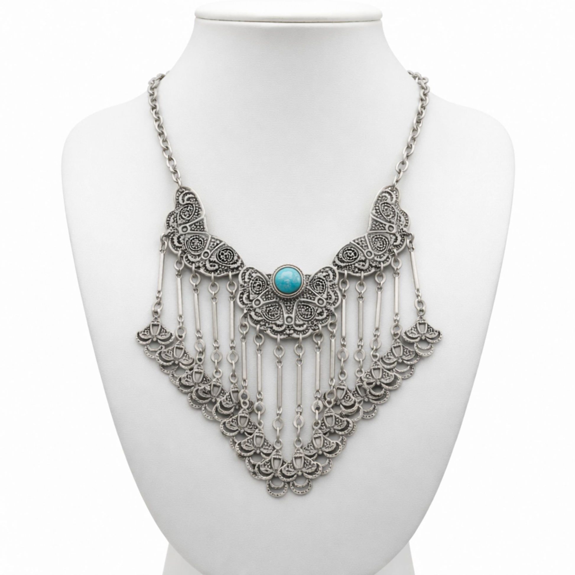 Collar bib zamak plateado con filigrana y turquesa- Joyería Osnor Zamak