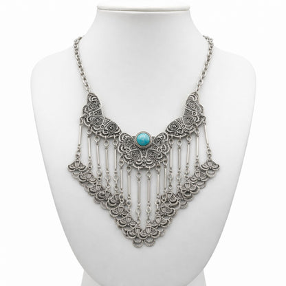 Collar bib zamak plateado con filigrana y turquesa- Joyería Osnor Zamak