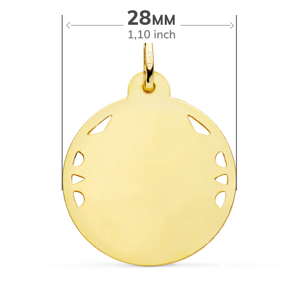 18K MEDALLA ORO AMARILLO CRISTO SAGRADO CORAZON DE JESUS CALADO CERCO HELICE TALLADO 28 MM