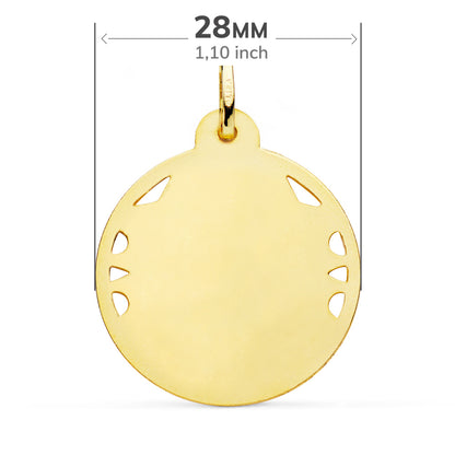 18K MEDALLA ORO AMARILLO CRISTO SAGRADO CORAZON DE JESUS CALADO CERCO HELICE TALLADO 28 MM